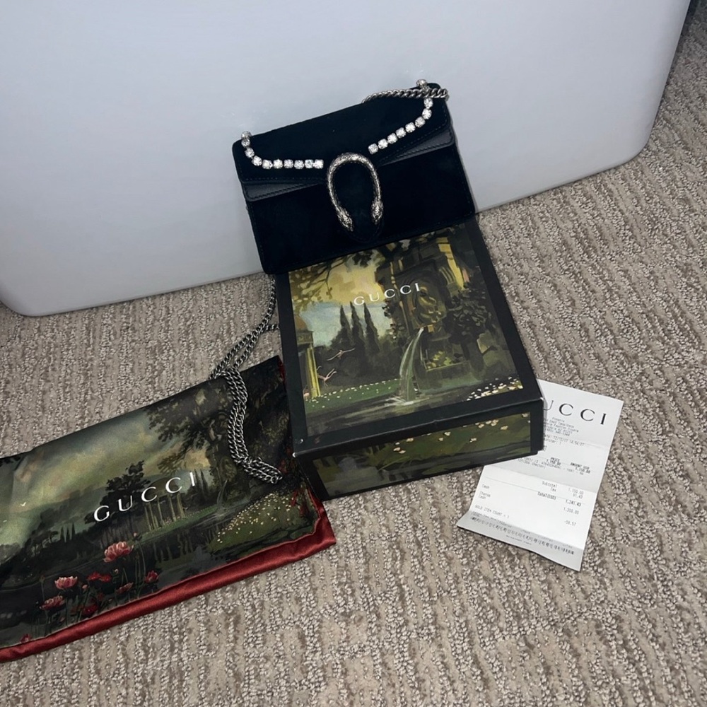 Gucci Velvet Crystal Super Mini Dionysus Shoulder Bag Black